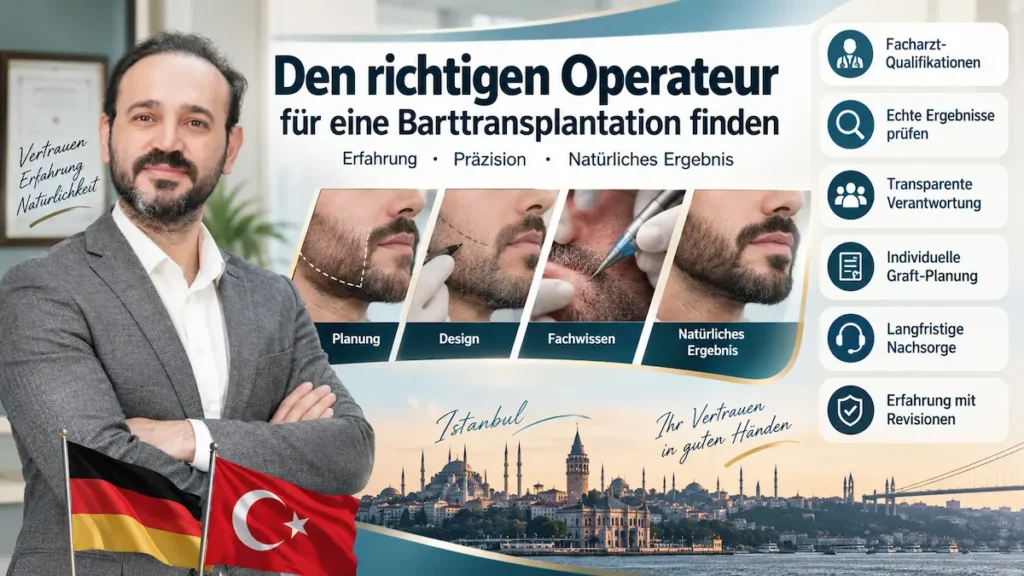 Infografik zur Barttransplantation mit Kriterien für die Operateurwahl: Bart-Design, Qualifikation, Spenderanalyse und Nachsorge.