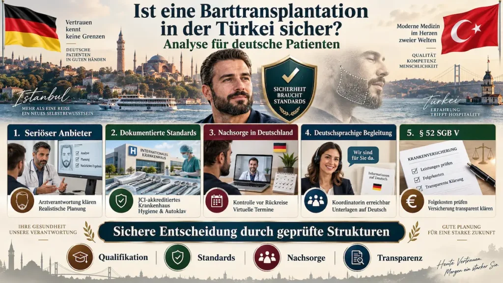 Infografik zur Sicherheit einer Barttransplantation in der Türkei mit Anbieterprüfung, Klinikstandards, Nachsorge und § 52 SGB V.