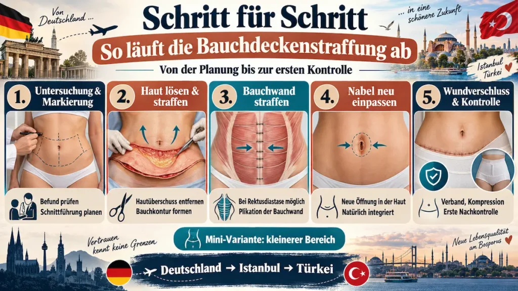 Bauchdeckenstraffung Türkei: Infografik zum Ablauf von Untersuchung und Markierung bis Bauchwandstraffung, Nabelkorrektur und Wundverschluss.