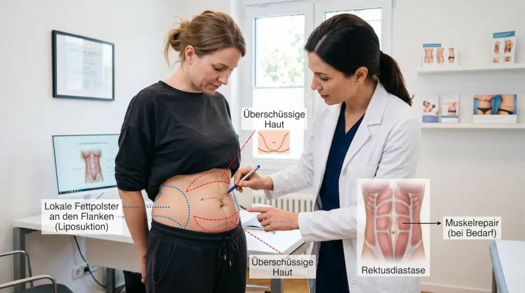 Bauchdeckenstraffung oder Fettabsaugung: Ärztliche Planung bei Fettpolstern, Hautüberschuss und Rektusdiastase am Bauch.