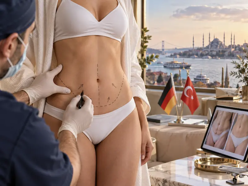 Bauchdeckenstraffung Türkei: Arzt markiert vor der Operation Schnittführung und Straffungsbereiche am Bauch einer Patientin.