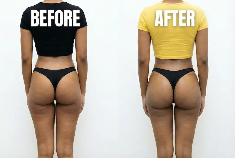 Brazilian butt lift (BBL) before and after photo, rear view showing increased buttock volume and improved waist-to-hip contour.