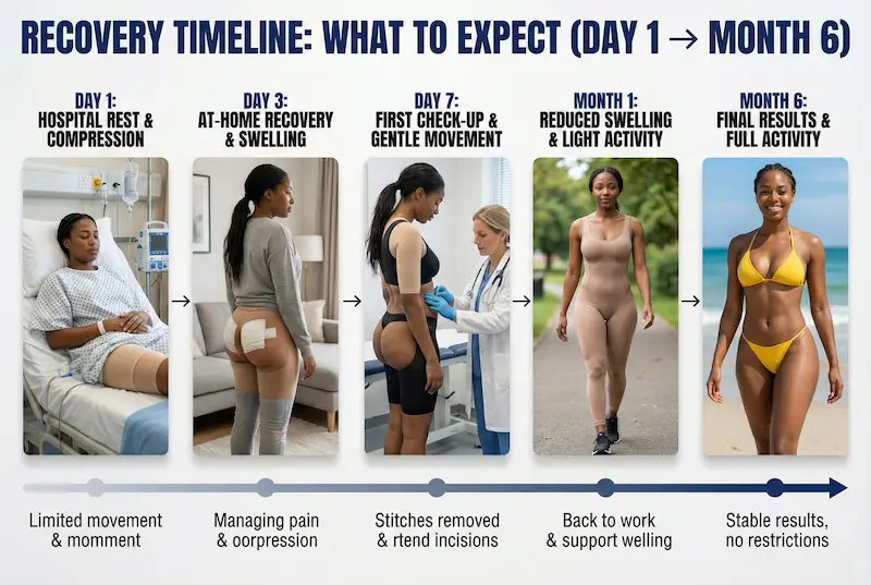 BBL Recovery Timeline (Day 1 to Month 6) – Brazilian Butt Lift Recovery Stages