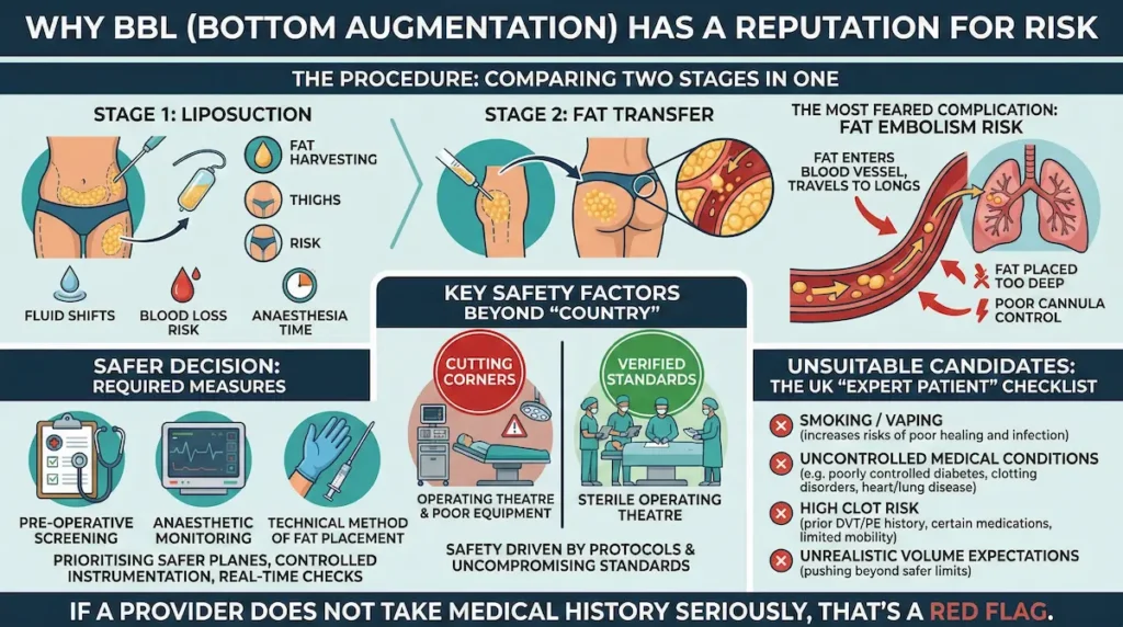 Is BBL Safer in Turkey infographic showing why BBL has a higher risk reputation, including fat transfer stages, fat embolism risk, and a UK patient safety checklist.