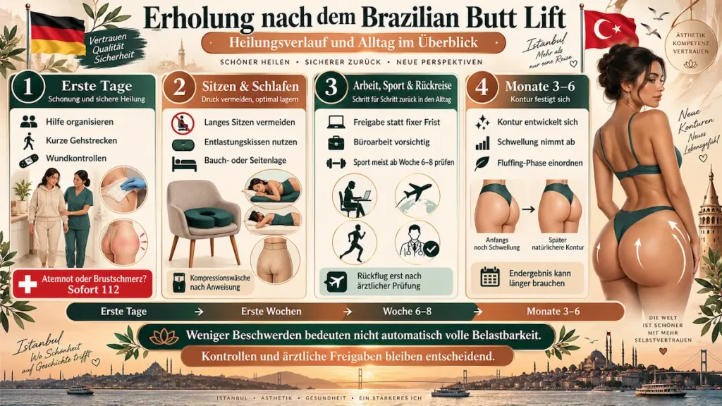 Infografik zur Erholung nach dem BBL in der Türkei: Sitzen, Schlafen, Sport, Rückreise und Heilungsverlauf im Überblick.