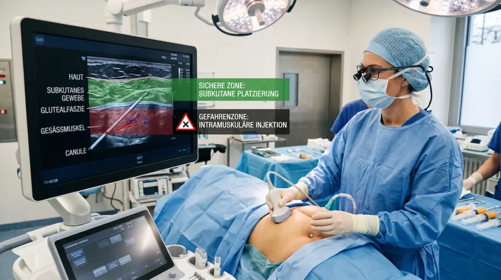BBL Sicherheit Ultraschall mit Darstellung der subkutanen sicheren Zone und der riskanten intramuskulären Injektionsebene.