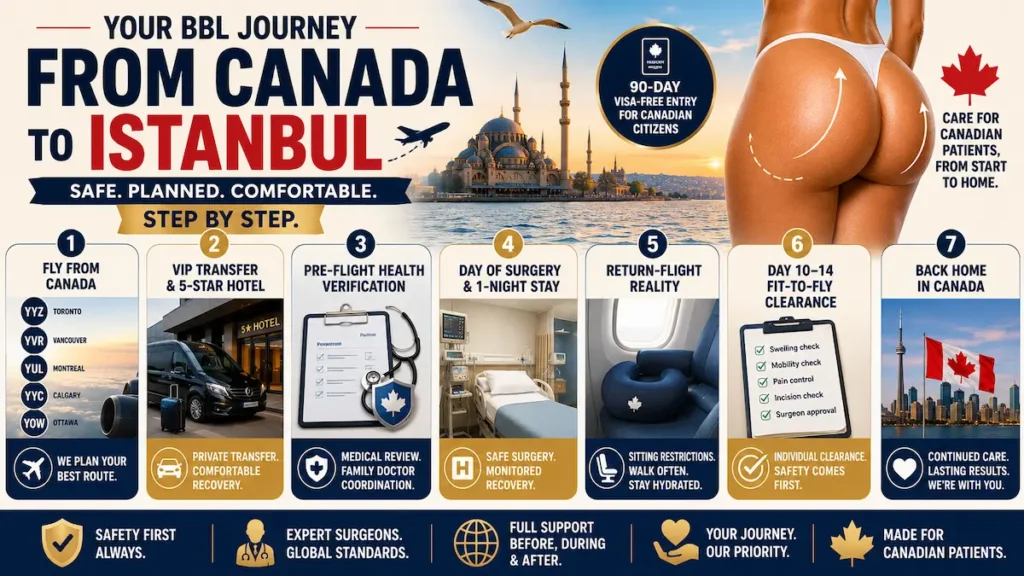Your BBL Journey from Canada to Istanbul infographic showing flights, VIP transfer, hotel stay, surgery, fit-to-fly clearance, and follow-up.
