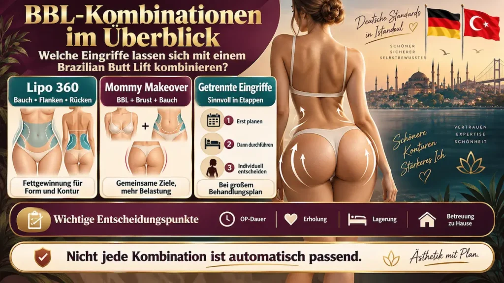Infografik zum BBL in der Türkei: Kombinationen mit Lipo 360 und Mommy Makeover sowie Eingriffe in Etappen.