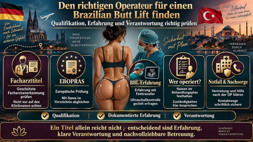 Infografik zu BBL in der Türkei: Facharzttitel, BBL-Erfahrung, Ultraschallkontrolle, Nachsorge und Verantwortung prüfen.
