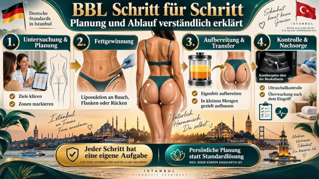 Infografik zum BBL in der Türkei: Planung, Fettabsaugung, Eigenfetttransfer, Ultraschallkontrolle und Nachsorge.