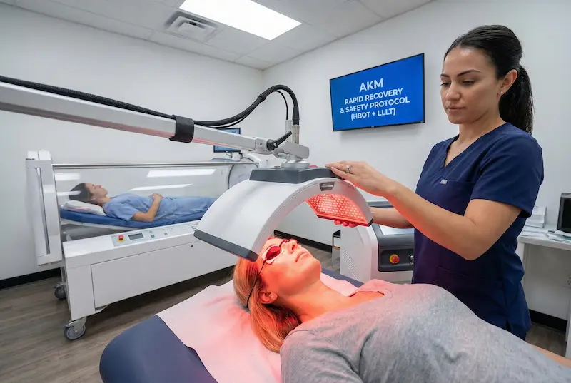 Brazilian butt lift (BBL) rapid recovery and safety protocol using LLLT light therapy, with HBOT chamber visible in clinic setting.