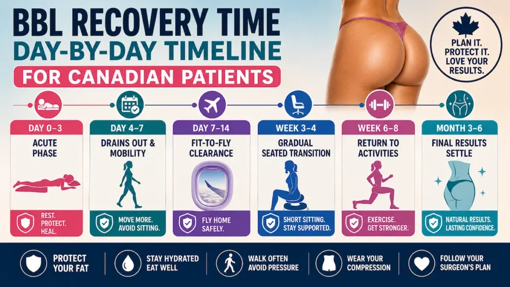 BBL Recovery Timeline infographic showing day 0–3 rest, day 7–14 fit-to-fly clearance, and month 3–6 final results.