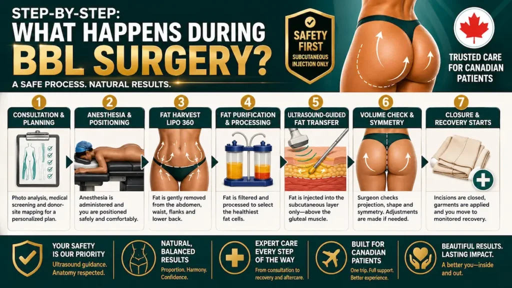 BBL Surgery Step by Step infographic showing consultation, anesthesia, Lipo 360 fat harvest, purification, ultrasound-guided transfer, and recovery.