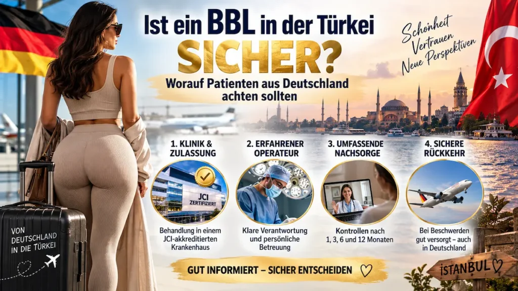 Infografik zu BBL in der Türkei: Klinikzulassung, Operateur, Nachsorge und Rückreise für Patienten aus Deutschland.