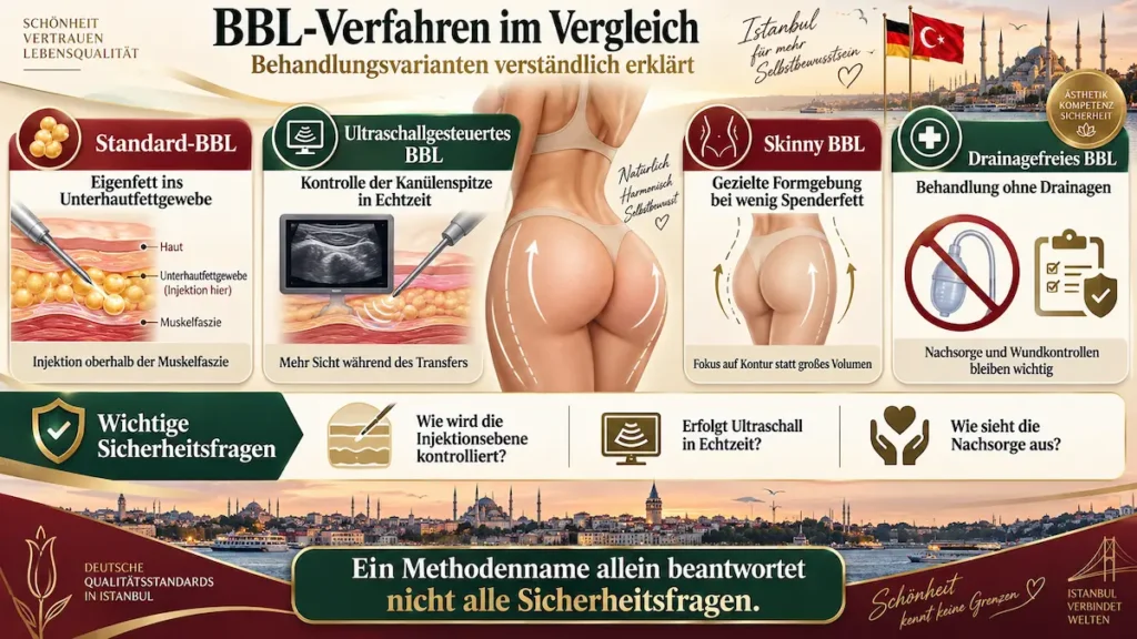 Infografik zum BBL in der Türkei: Standard-BBL, Ultraschallkontrolle, Skinny BBL und drainagefreies Vorgehen im Vergleich.