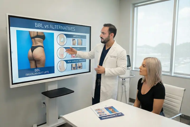 Brazilian butt lift (BBL) vs alternatives consultation showing implants, fillers, and non-surgical options on a clinic screen.