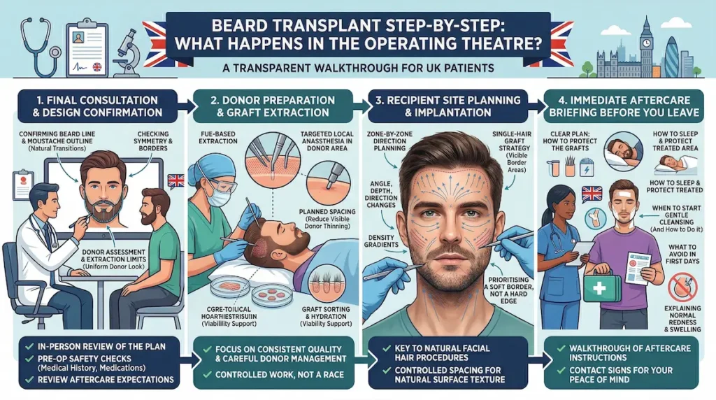 Beard Moustache Transplant step-by-step infographic showing consultation, donor extraction, implantation planning, and immediate aftercare for UK patients.