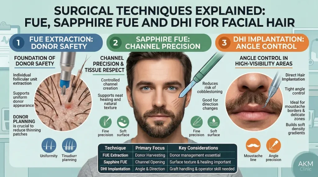 Beard Moustache Transplant surgical techniques infographic showing FUE extraction, Sapphire FUE channel precision, and DHI implantation angle control.