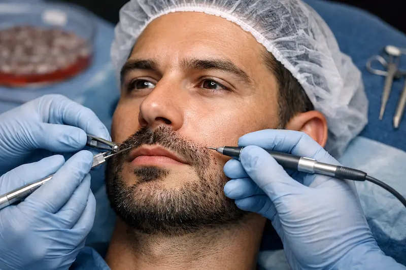 Beard Moustache Transplant with precise graft placement along the moustache line for natural angles and density