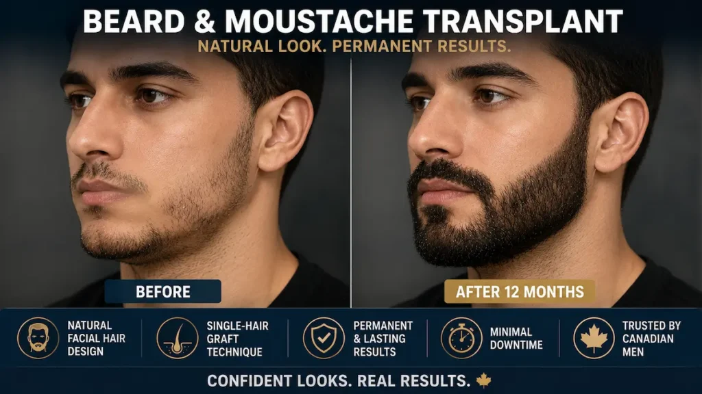 Beard transplant before and after image showing natural moustache and beard density after 12 months for a Canadian patient
