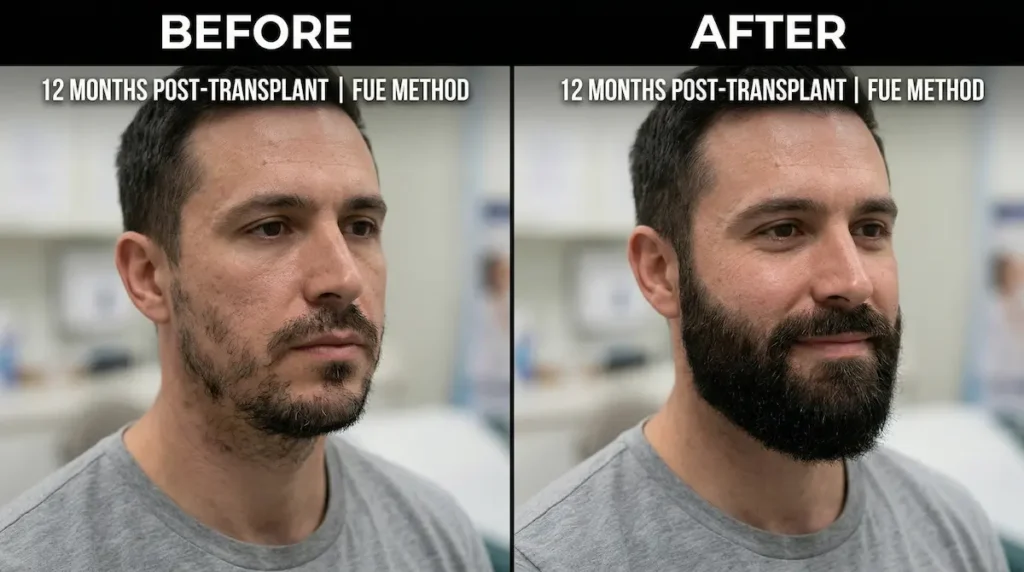 Beard Moustache Transplant before and after photo showing patchy beard improved to fuller, natural-looking density at 12 months (FUE).