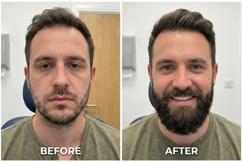 Beard Mustache Transplant before-and-after photo showing patchy beard growth improved to fuller, natural-looking beard density.
