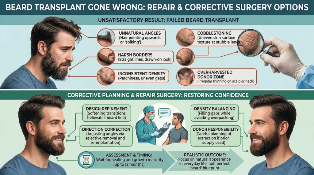 Beard Moustache Transplant repair infographic showing correction of unnatural angles, harsh borders, cobblestoning, uneven density, and donor overharvesting.