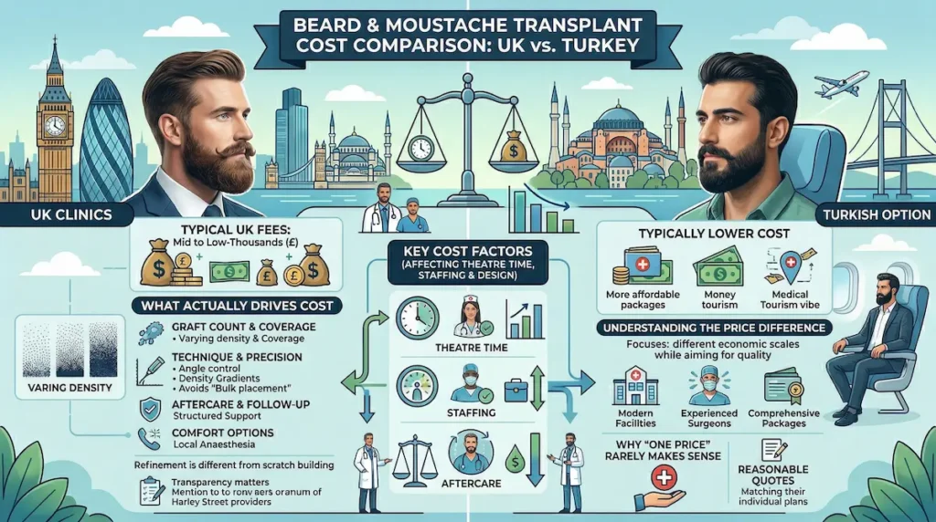Beard Moustache Transplant cost comparison infographic showing UK vs Turkey fees in £ and key cost drivers like graft count, technique, and aftercare.