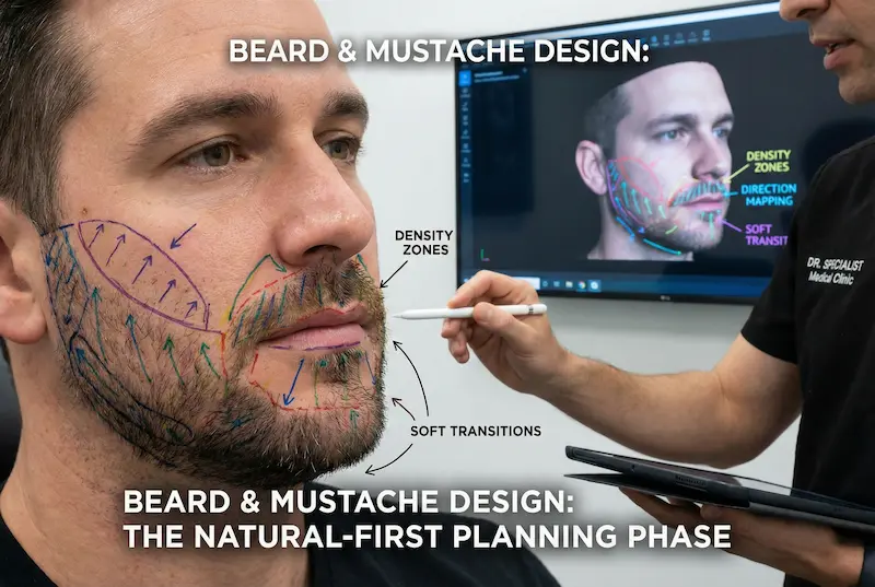 Beard Mustache Transplant design consultation showing direction mapping, density zones, and soft transitions for natural results.