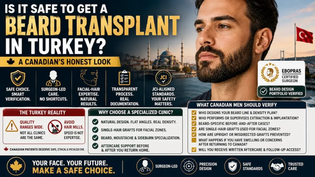 Beard transplant in Turkey safety infographic showing surgeon-led care, facial hair expertise and verification steps for Canadian men