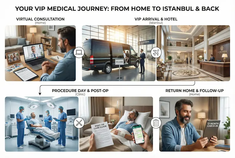 Beard Mustache Transplant VIP medical journey infographic showing virtual consult, Istanbul arrival, procedure day, and follow-up.