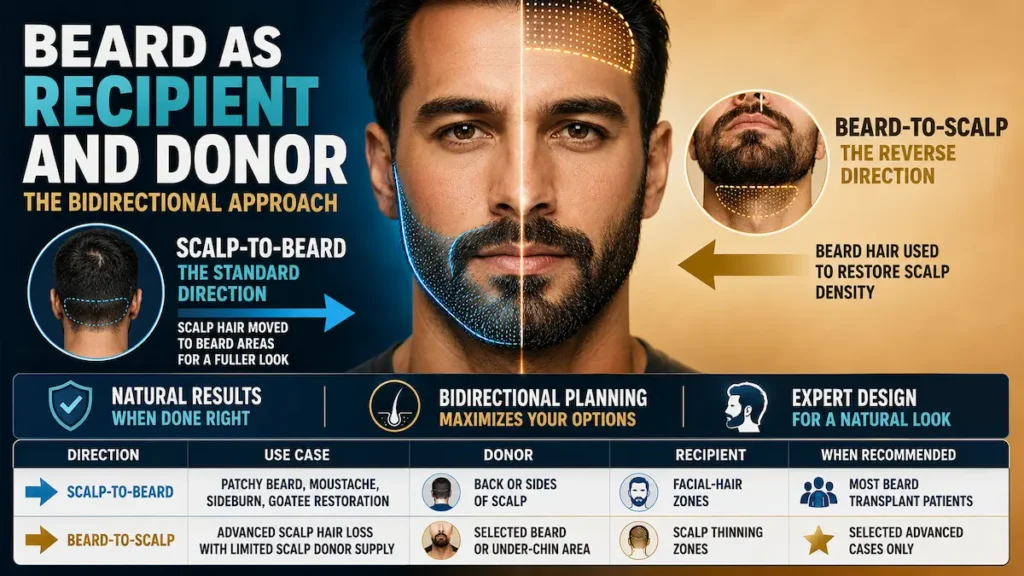 Beard transplant infographic showing scalp-to-beard and beard-to-scalp donor planning for facial hair and scalp density restoration