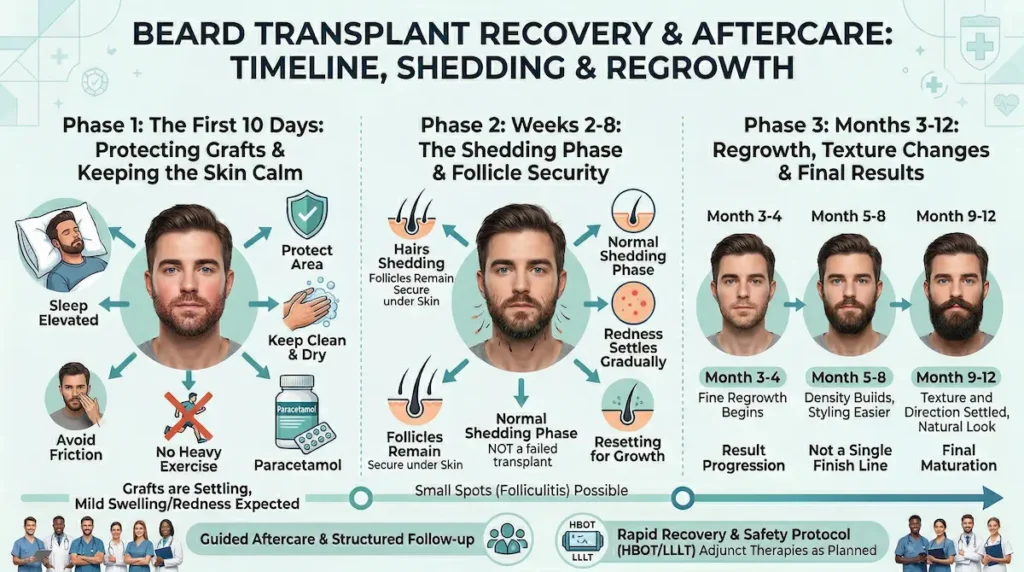 Beard Moustache Transplant recovery and aftercare timeline showing first 10 days care, shedding phase, and regrowth milestones months 3–12.
