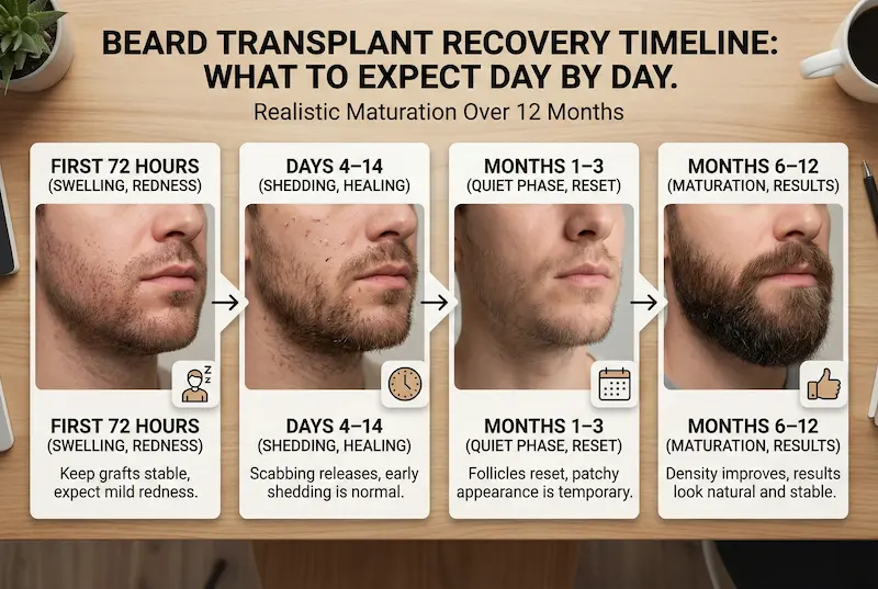 Beard Mustache Transplant recovery timeline infographic showing healing, shedding, and maturation from 72 hours to 12 months.