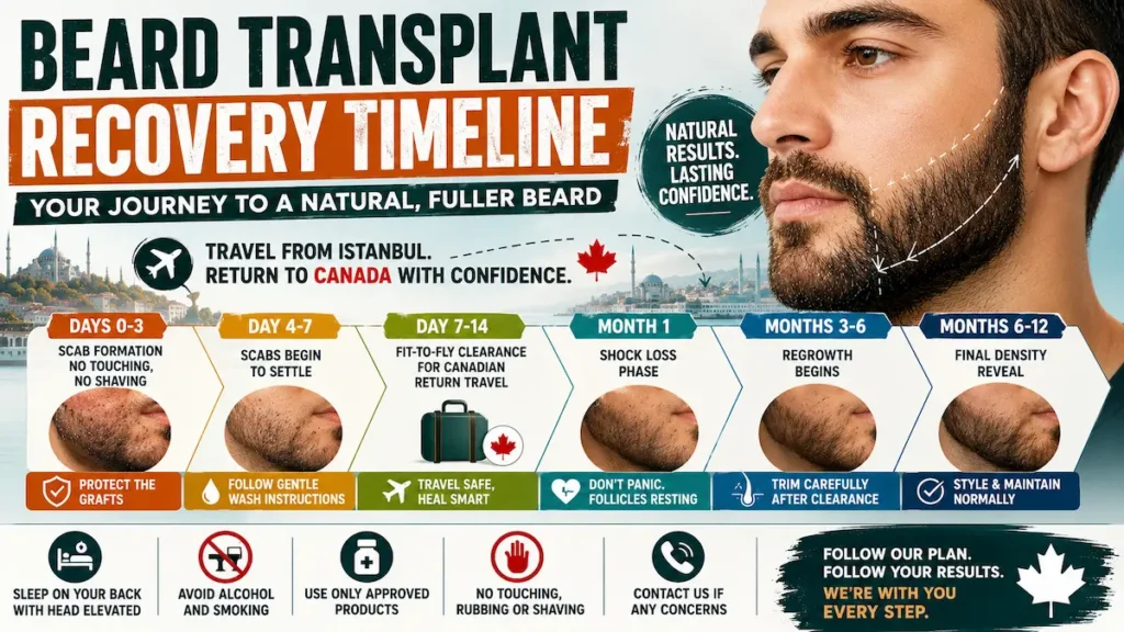 Beard transplant recovery timeline infographic showing healing stages, fit-to-fly clearance and final beard density for Canadian patients