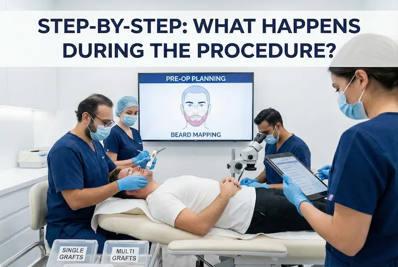 Beard Transplant step-by-step procedure showing pre-op beard mapping, graft sorting, and clinical implantation workflow.