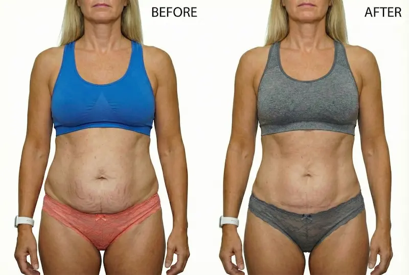 before and after tummy tuck front view of a middle-aged woman, showing removal of lower belly overhang and a flatter, smoother abdomen with a low scar