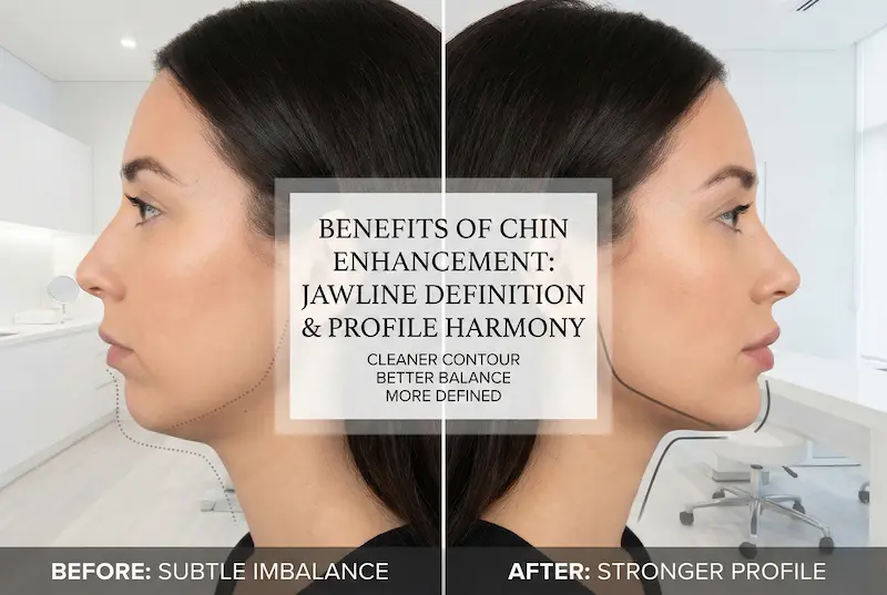 Benefits of Chin Augmentation before-and-after profile showing improved jawline definition and stronger facial balance.