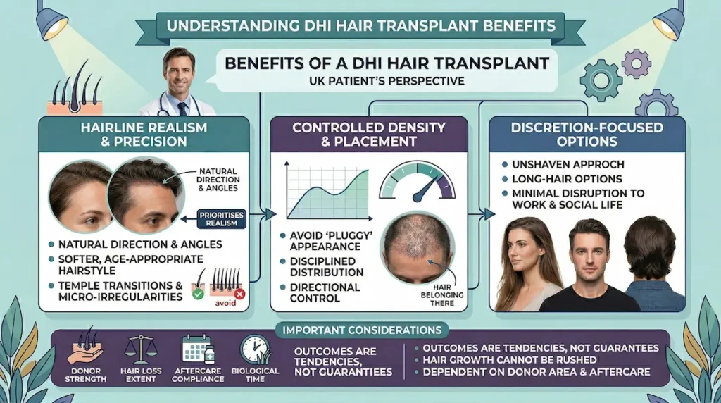 DHI Hair Transplant benefits infographic highlighting natural hairline precision, controlled density, and discreet unshaven options.