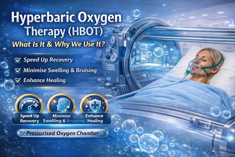 Hyperbaric Oxygen Therapy (HBOT) session in a pressurised oxygen chamber to support recovery and help minimise swelling and bruising after surgery.