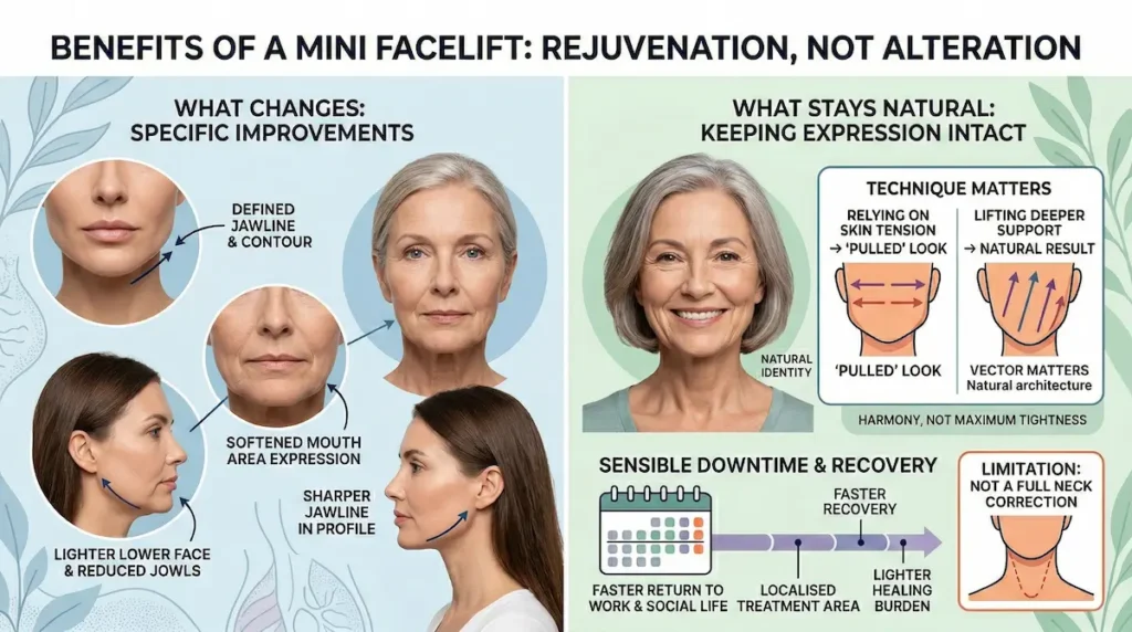 Mini Facelift benefits infographic showing jawline definition, reduced jowls, natural expression and sensible downtime.