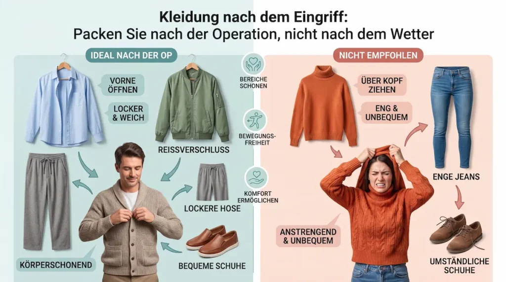 OP Reise Checkliste mit geeigneter Kleidung nach der Operation: weite Oberteile, lockere Hosen und bequeme Schuhe.