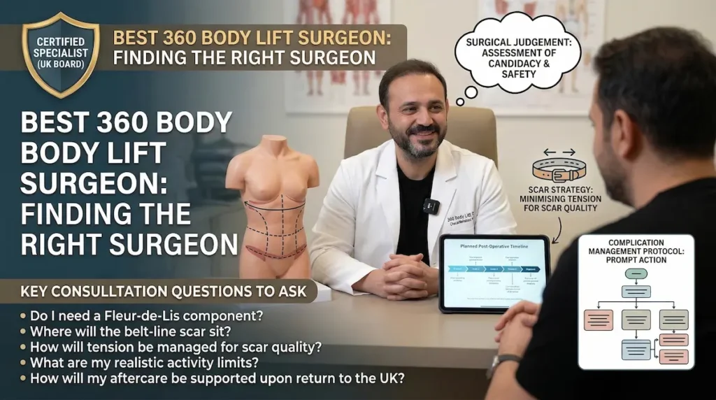 Best 360 Body Lift surgeon consultation showing candidacy assessment, belt-line scar planning and aftercare discussion with a patient.