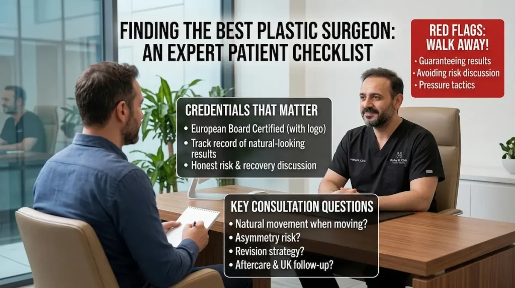 Abdominal Etching consultation image showing a surgeon discussing credentials, safety, aftercare, and revision planning with a patient.