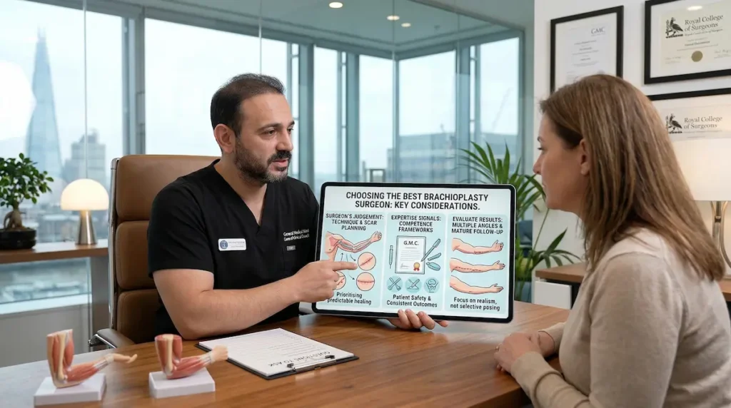 Surgeon consultation showing Arm Lift (Brachioplasty) planning, discussing technique choice, scar strategy, and patient safety considerations.