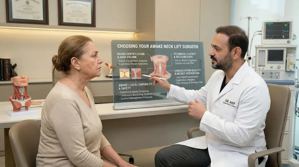 Best awake neck lift surgeon consultation showing surgeon explaining board certification, safety screening, and technique planning.