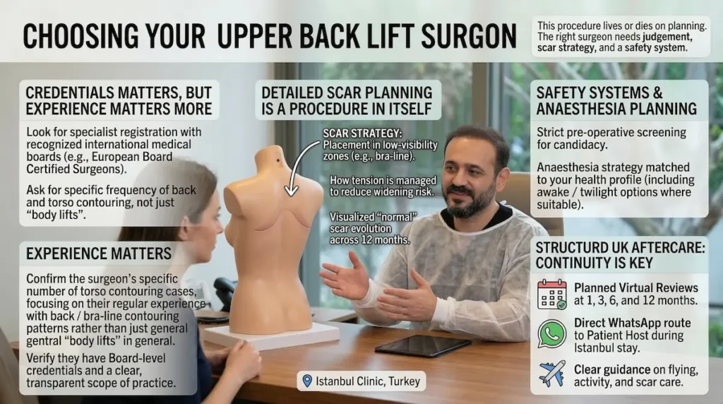 Upper Back Lift surgeon consultation showing bra-line scar planning, safety screening, anaesthesia options, and UK follow-up guidance.
