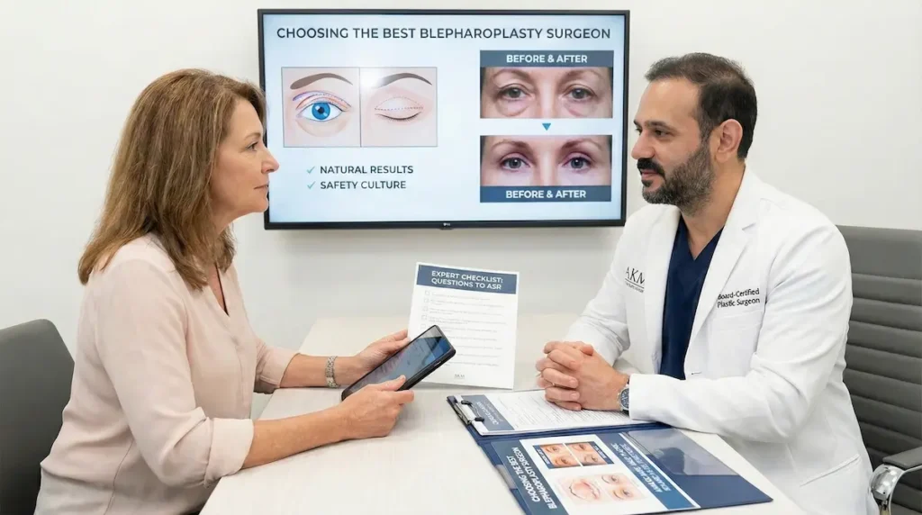 Best Blepharoplasty Surgeon consultation with a patient reviewing eyelid surgery diagrams and before-and-after photos.