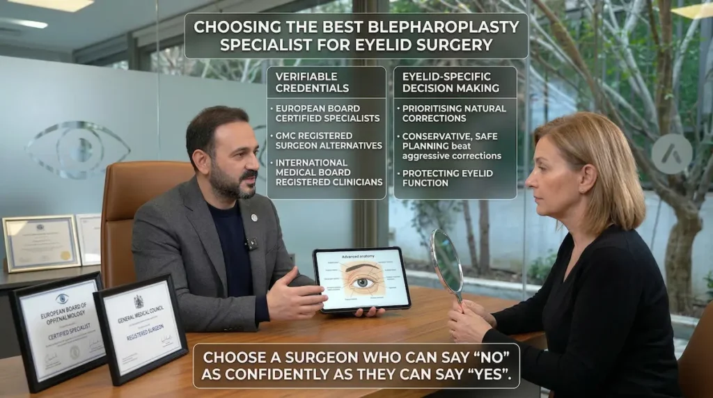 Blepharoplasty (Eyelid Surgery) consultation showing a surgeon explaining eyelid anatomy and treatment planning to a patient.