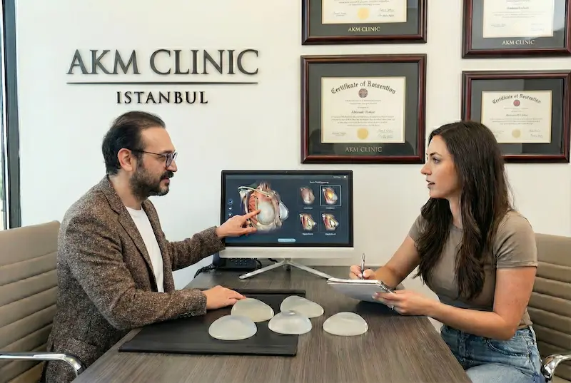 Best Breast Augmentation Surgeon consultation at AKM Clinic, reviewing implant options and 3D planning on-screen.